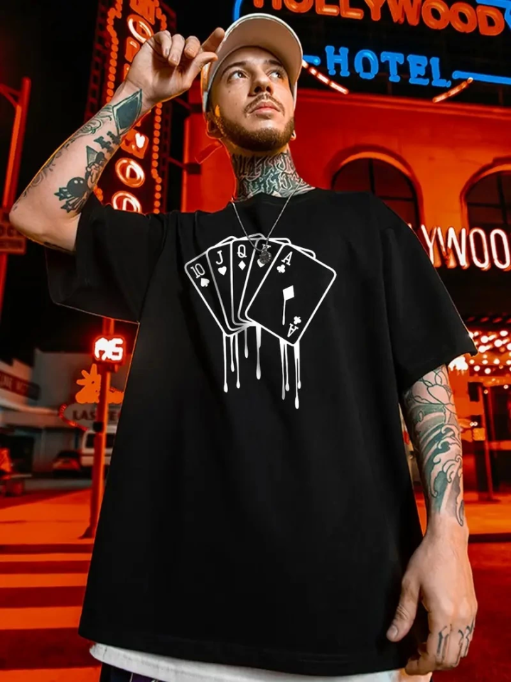 Erkek Büyük Beden Kart Baskılı Düz Renk Kısa Kollu Bisiklet Yaka Tişört Gündelik Giyim