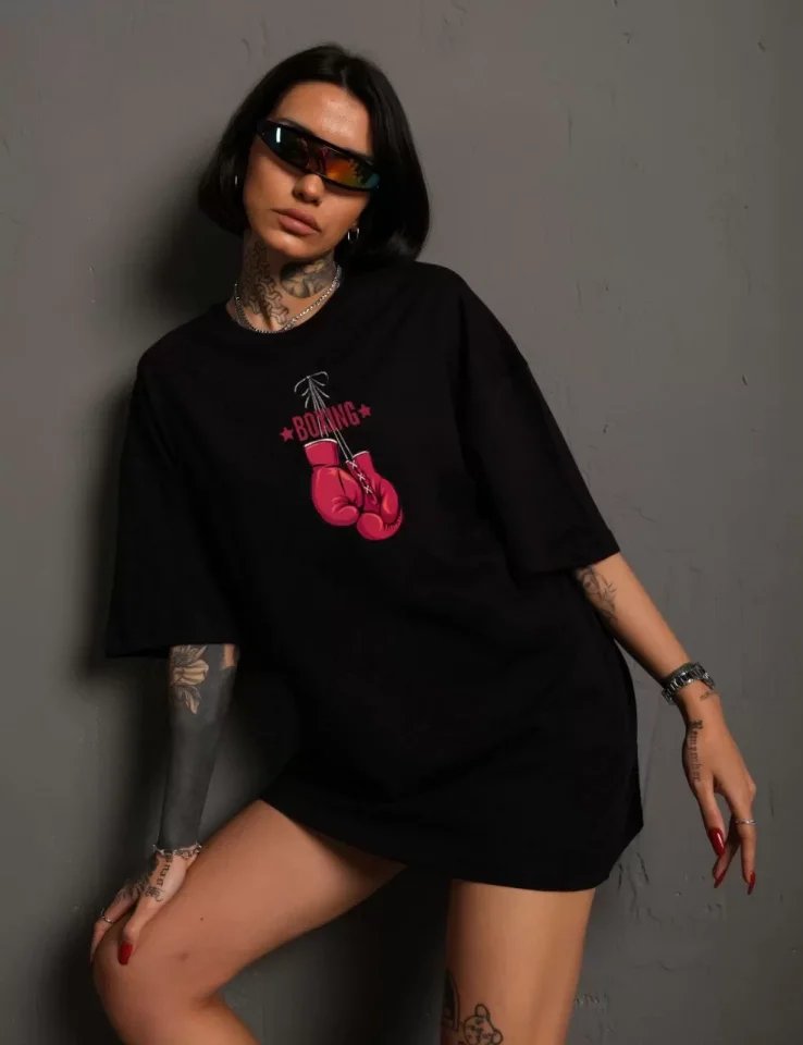 Unisex Bisiklet Yaka Baskılı Oversize T-Shirt