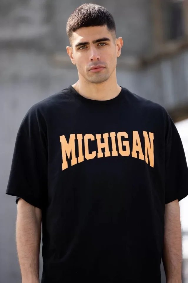 Unisex Bisiklet Yaka Baskılı Oversize T-Shirt