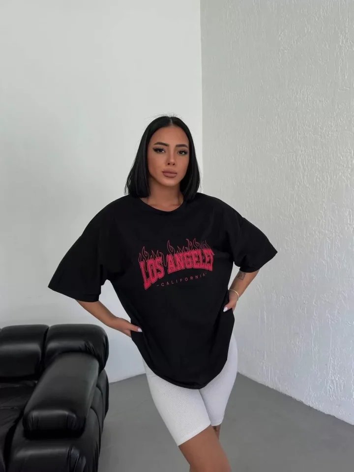Unisex Bisiklet Yaka Baskılı Oversize T-Shirt