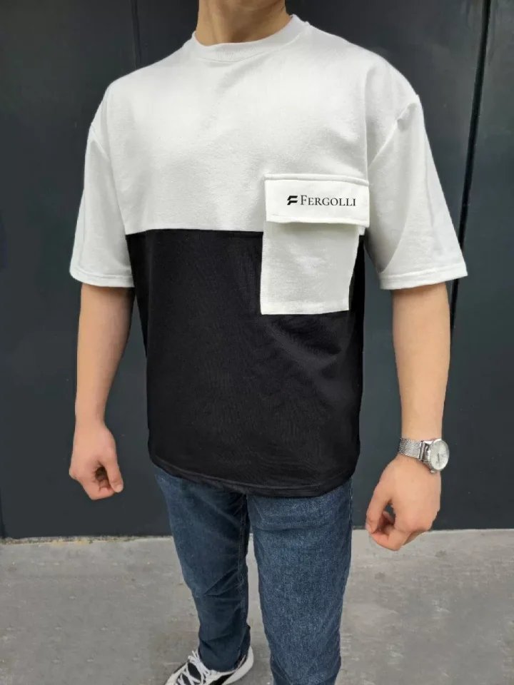 Unisex Torba Cep Detaylı  Parçalı T-Shirt