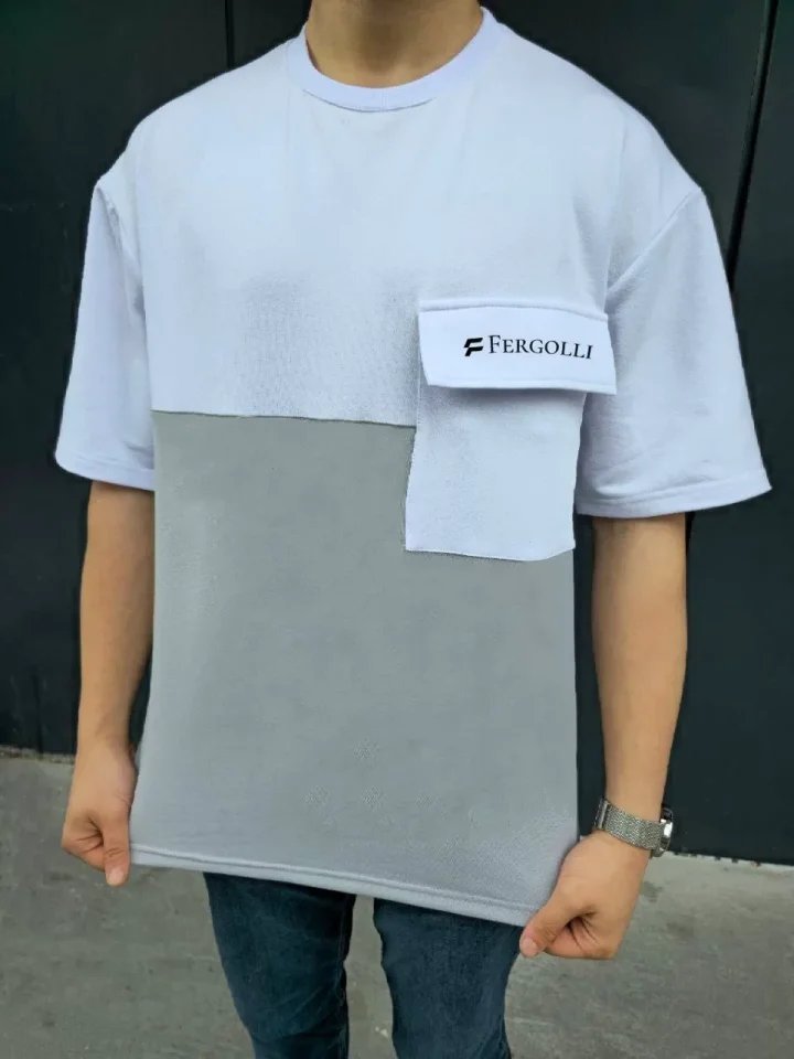 Unisex Torba Cep Detaylı  Parçalı T-Shirt