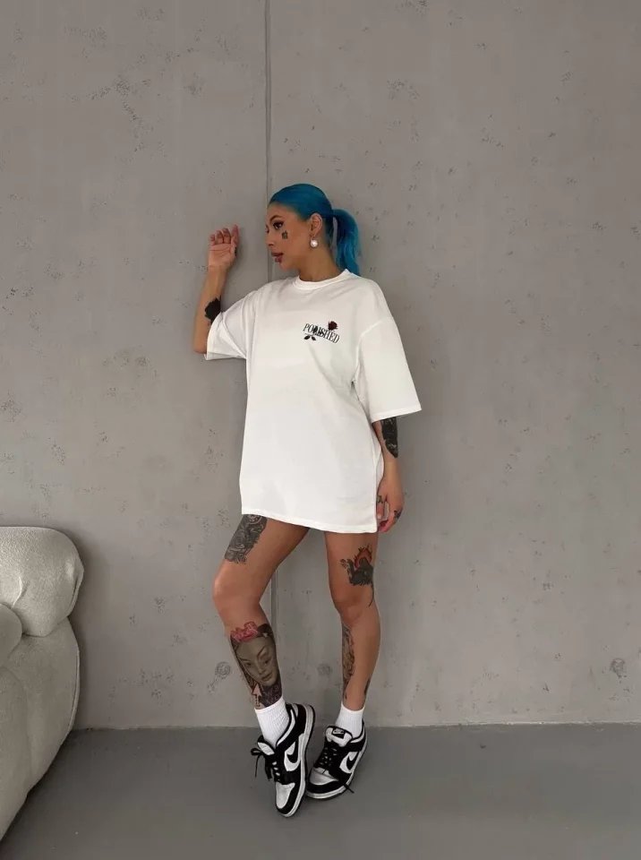 Unisex Bisiklet Yaka Baskılı Oversize T-Shirt