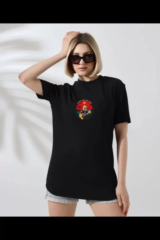 Unisex Bisiklet Yaka Baskılı T-Shirt