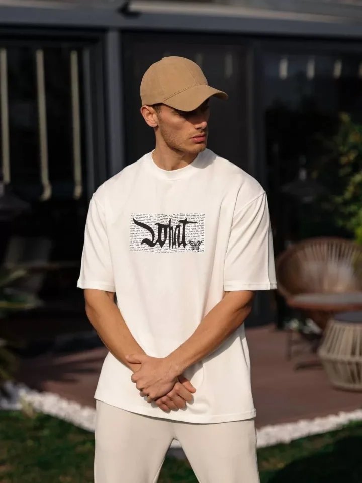 Unisex Bisiklet Yaka Baskılı Oversize T-Shirt