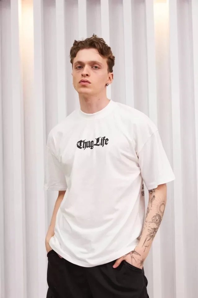 Unisex Bisiklet Yaka Baskılı Oversize T-Shirt