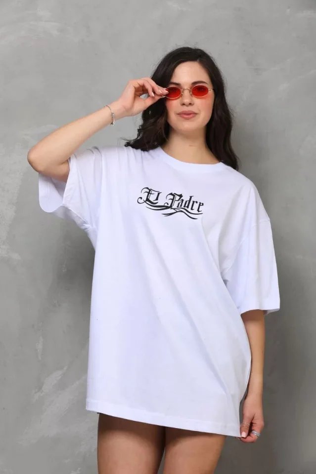 Unisex Bisiklet Yaka Baskılı Oversize T-Shirt