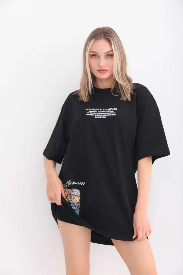 Unisex Bisiklet Yaka Baskılı Oversize T-Shirt