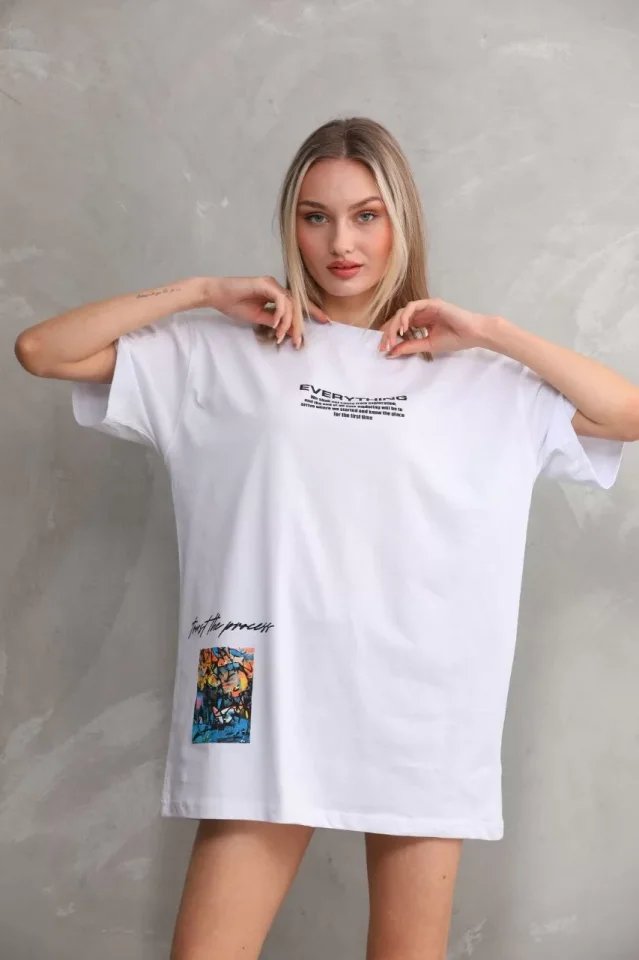 Unisex Bisiklet Yaka Baskılı Oversize T-Shirt