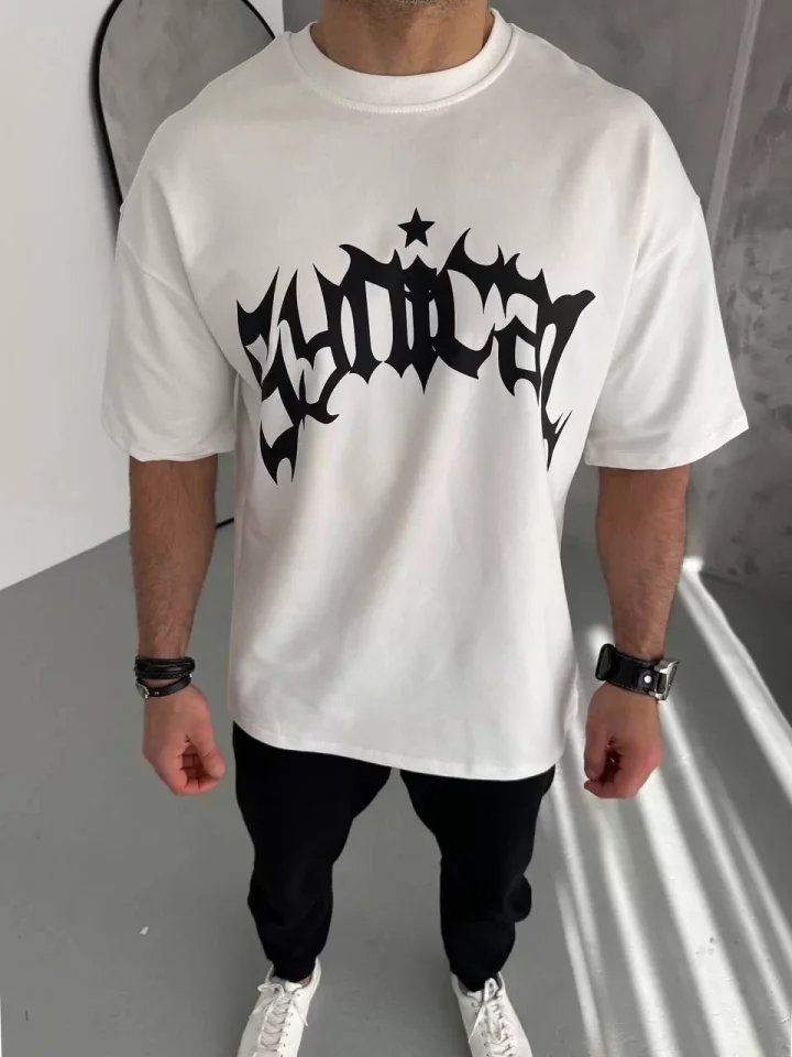 Unisex Bisiklet Yaka Baskılı Oversize T-Shirt