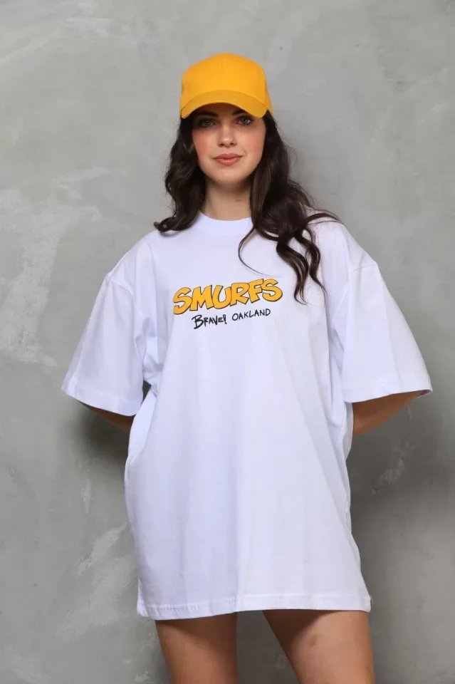 Unisex Bisiklet Yaka Baskılı Oversize T-Shirt