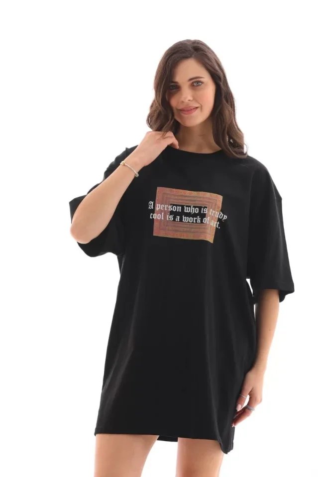 Unisex Bisiklet Yaka Baskılı Oversize T-Shirt