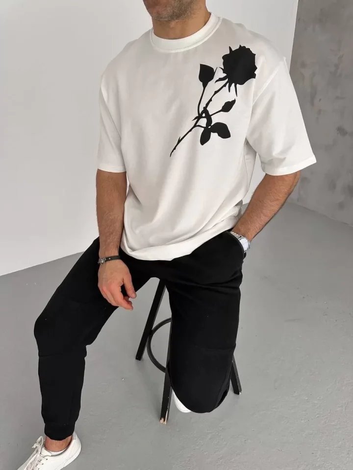 Unisex Bisiklet Yaka Baskılı Oversize T-Shirt