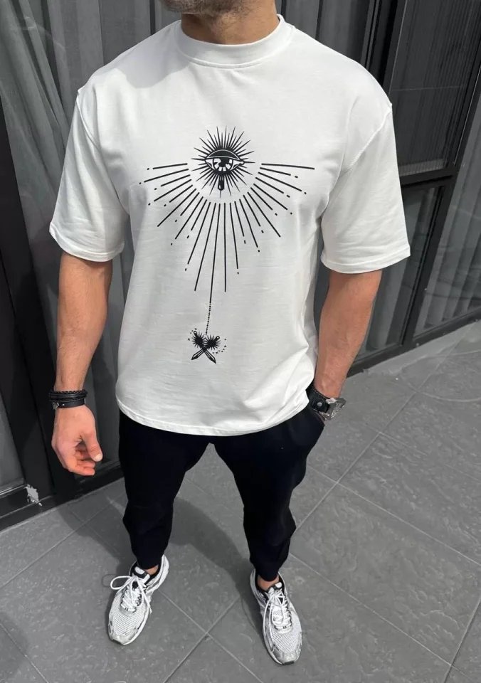 Unisex Bisiklet Yaka Baskılı Oversize T-Shirt