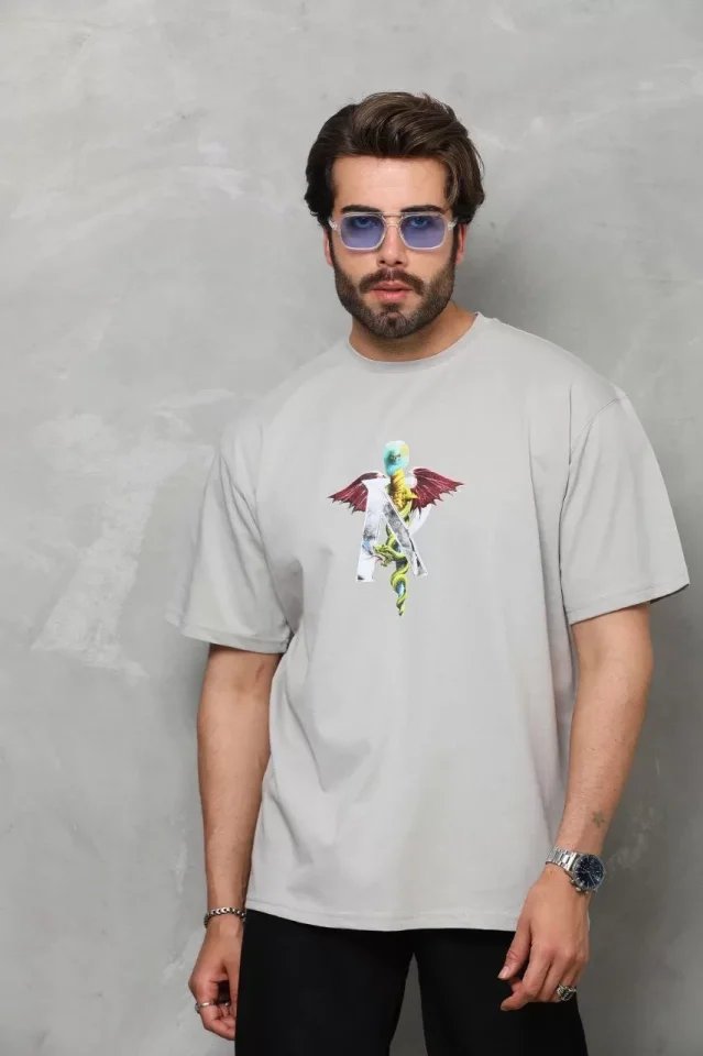 Unisex Bisiklet Yaka Baskılı Oversize T-Shirt
