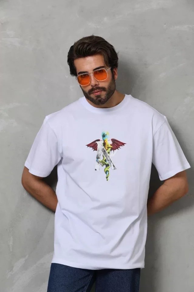 Unisex Bisiklet Yaka Baskılı Oversize T-Shirt