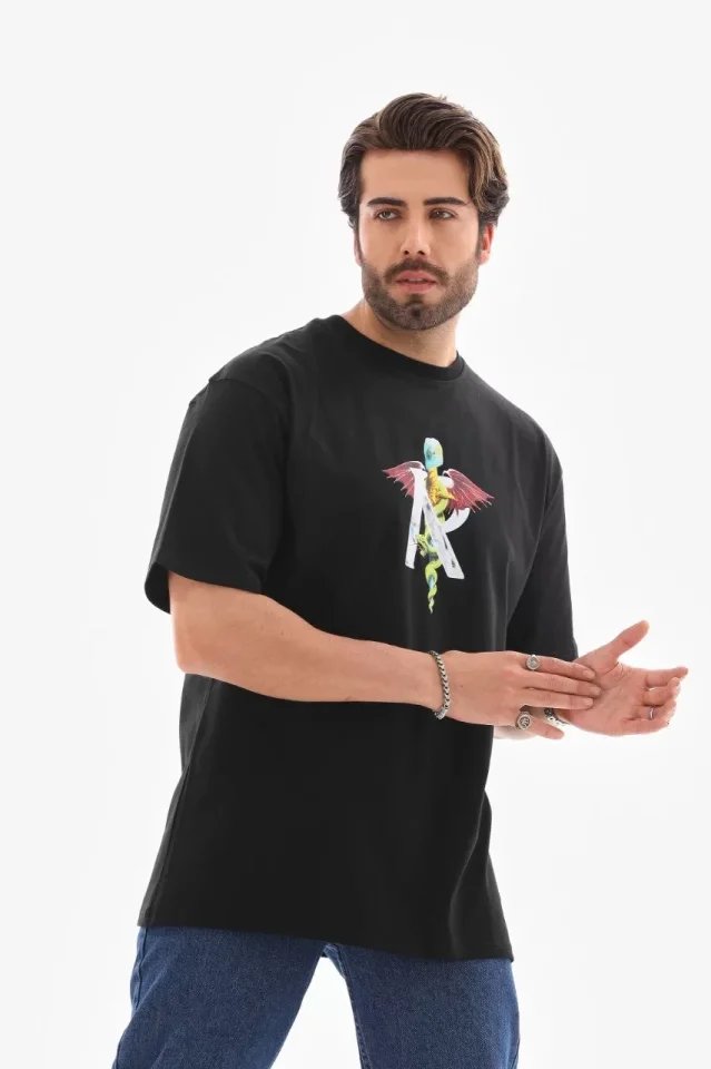 Unisex Bisiklet Yaka Baskılı Oversize T-Shirt