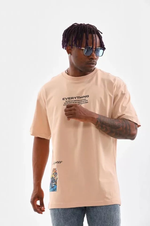 Unisex Bisiklet Yaka Baskılı Oversize T-Shirt