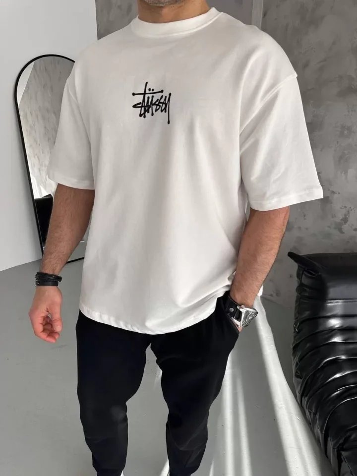 Unisex Bisiklet Yaka Baskılı Oversize T-Shirt