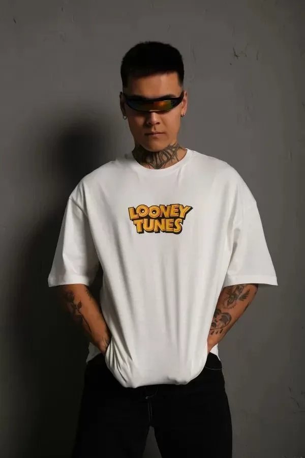 Unisex Bisiklet Yaka Baskılı Oversize T-Shirt