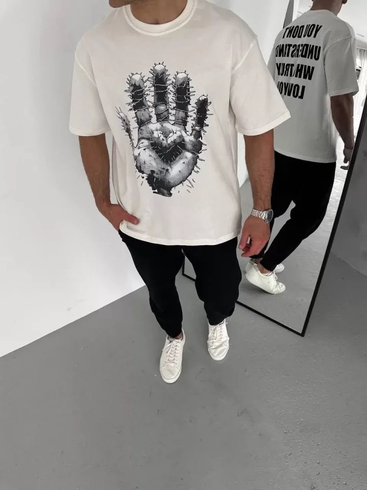 Unisex Bisiklet Yaka Baskılı Oversize T-Shirt