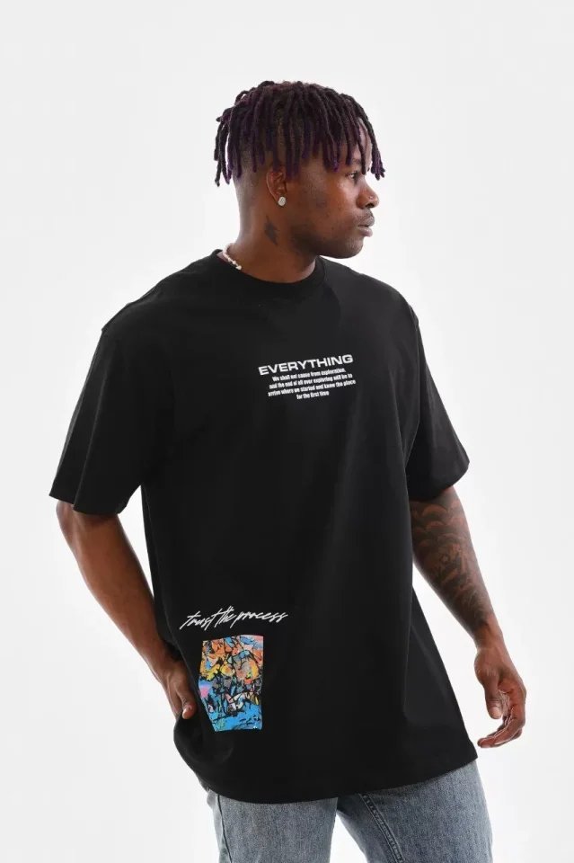 Unisex Bisiklet Yaka Baskılı Oversize T-Shirt