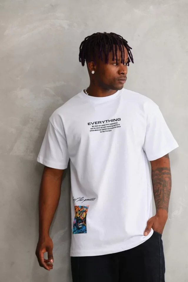 Unisex Bisiklet Yaka Baskılı Oversize T-Shirt