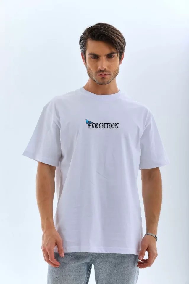 Unisex Bisiklet Yaka Baskılı Oversize T-Shirt