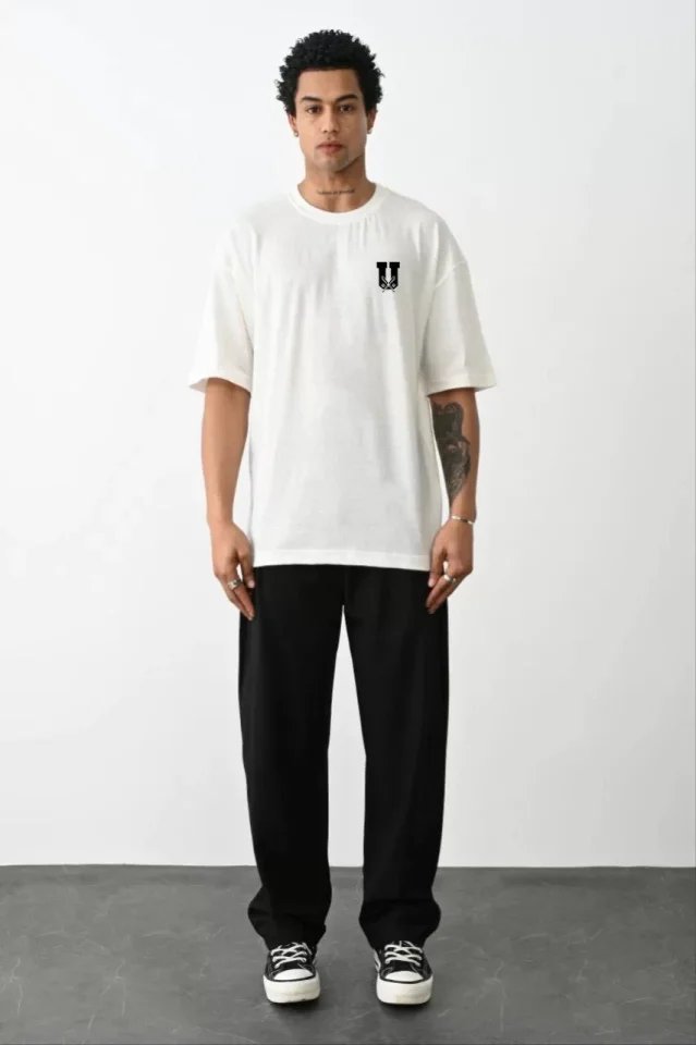 Unisex Bisiklet Yaka Baskılı Oversize T-Shirt