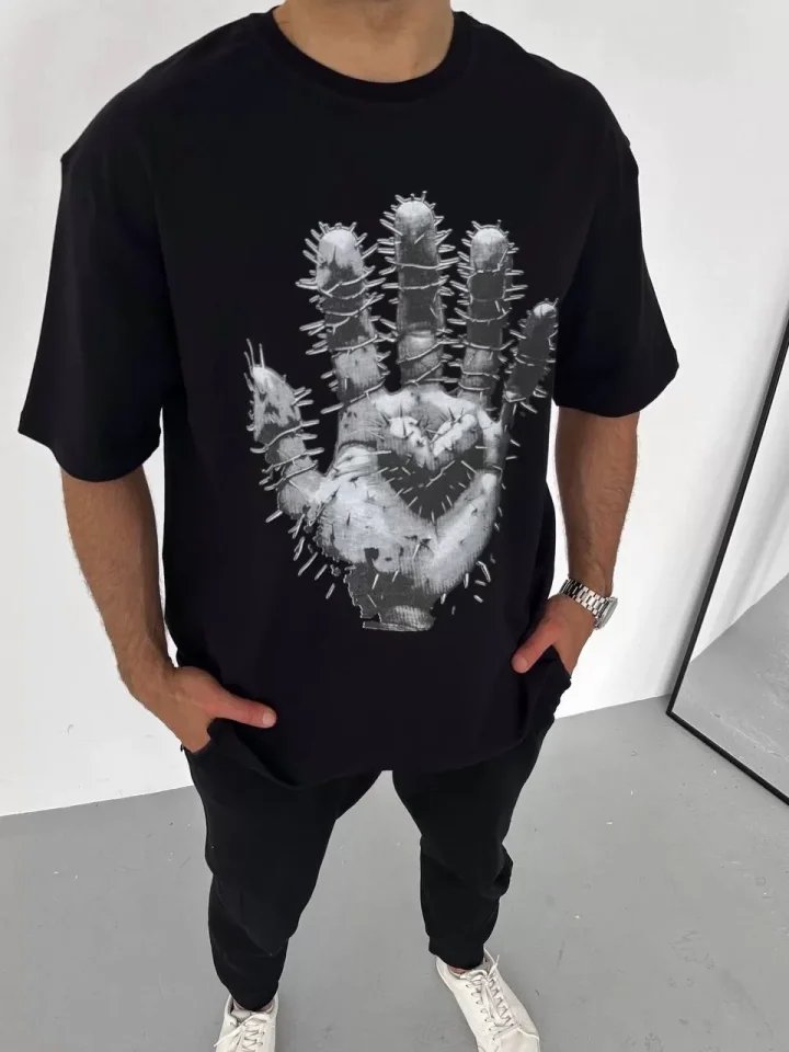 Unisex Bisiklet Yaka Baskılı Oversize T-Shirt