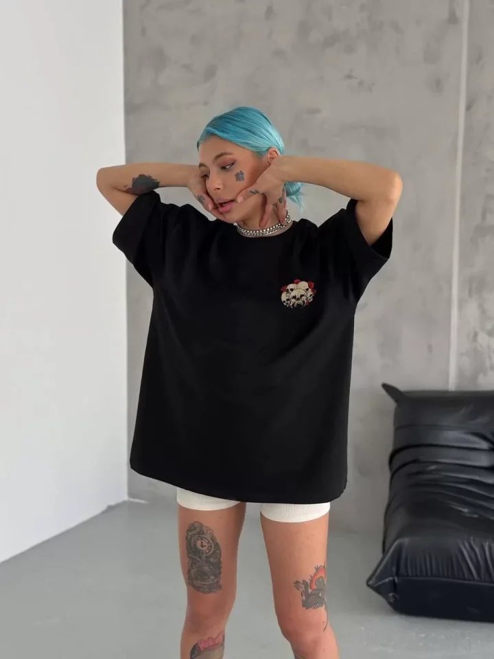 Unisex Bisiklet Yaka Baskılı Oversize T-Shirt