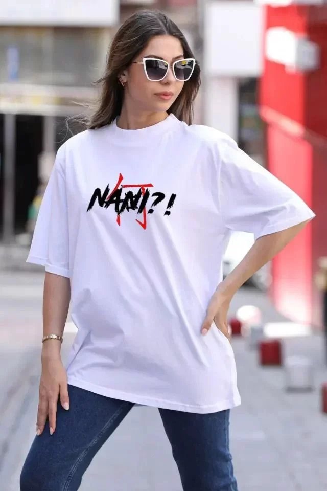 Unisex Bisiklet Yaka Baskılı Oversize T-Shirt