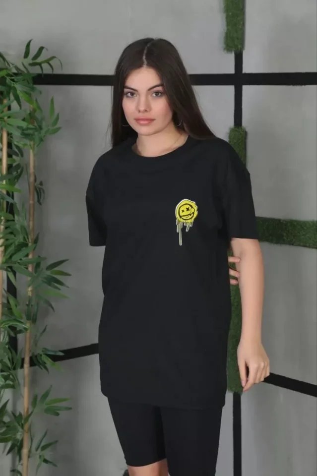 Unisex Bisiklet Yaka Baskılı Oversize T-Shirt