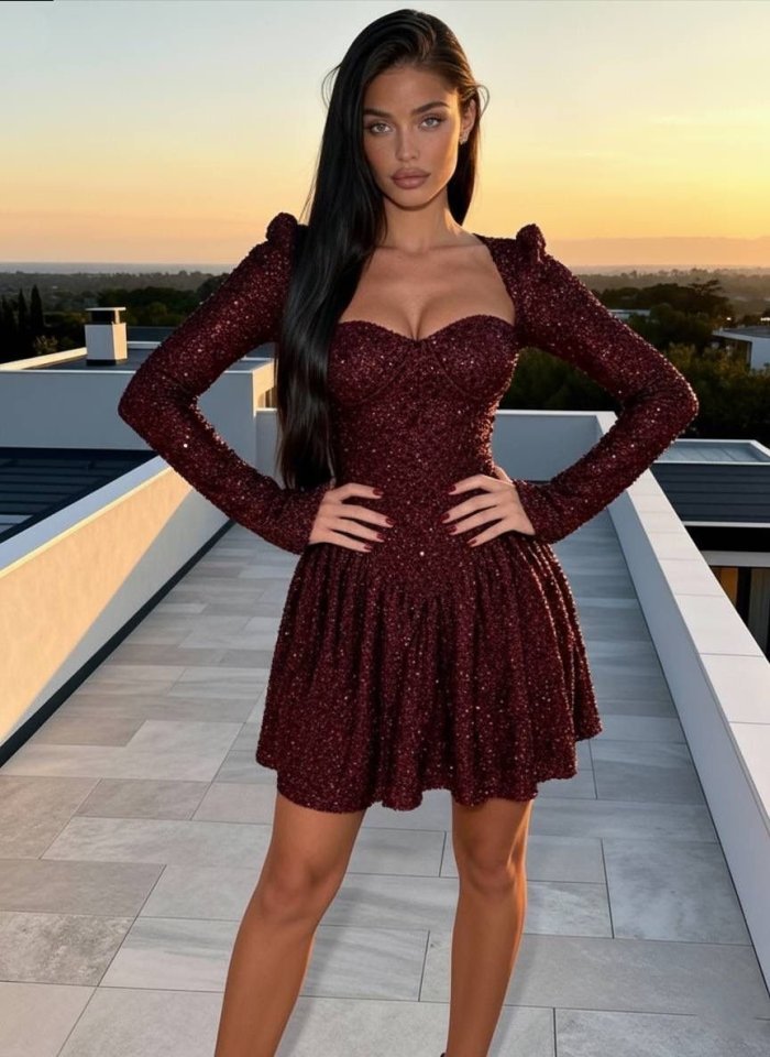 Kadın Uzun Kollu Armut Yaka Pul Payet Işlemeli Mini Gece Elbisesi