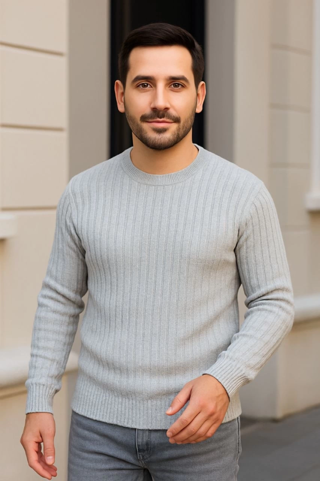 Erkek Bisiklet Yuvarlak Yaka Triko Kazak Pamuklu Kalın Fitilli Dokuma, Regular Fit Uzun Kollu Kışlık Model