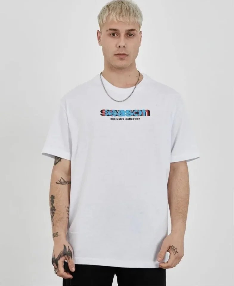 Unisex Bisiklet Yaka Baskılı Oversize T-Shirt