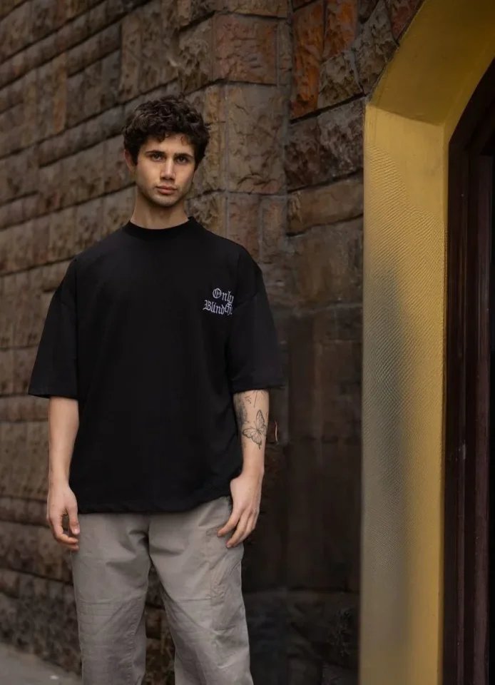 Unisex Bisiklet Yaka Baskılı Oversize T-Shirt