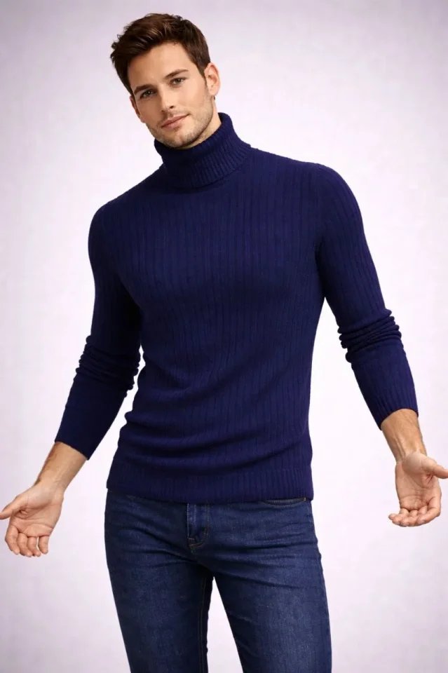 Erkek Balıkcı Yaka Bağazlı Triko Kazak Pamuklu Kalın Fitilli Dokuma, Regular Fit Uzun Kollu Kışlık Model