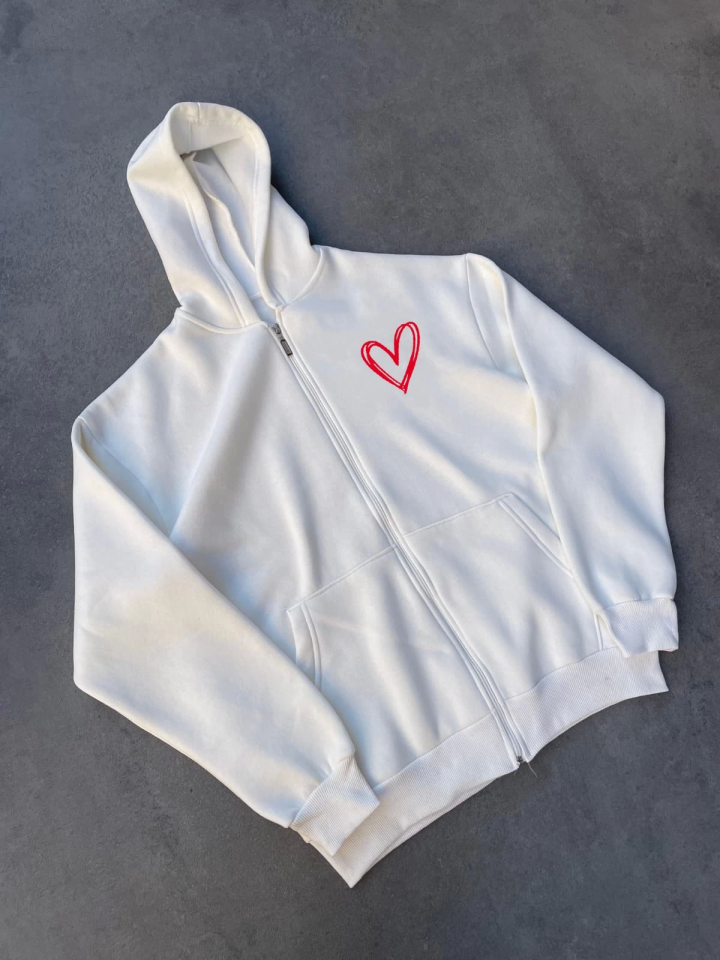 Üç İplik Baskılı Fermuarlı Kapşonlu Hırka