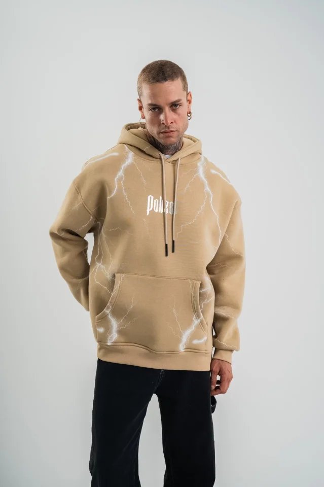 Erkek Şimşek Baskılı Kapşonlu Sweatshirt Üç İplik Pamuklu Kanguru Cepli Double Oversize Hoodie