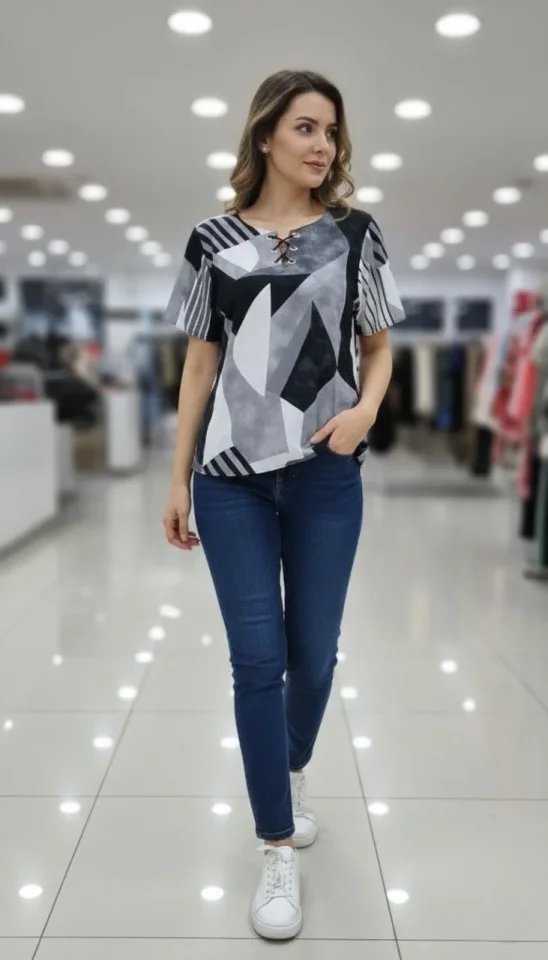 Desenli Püsküllü Viskon Bluz Bebe Yaka Kısa Kollu Big Size Rahat Kesim