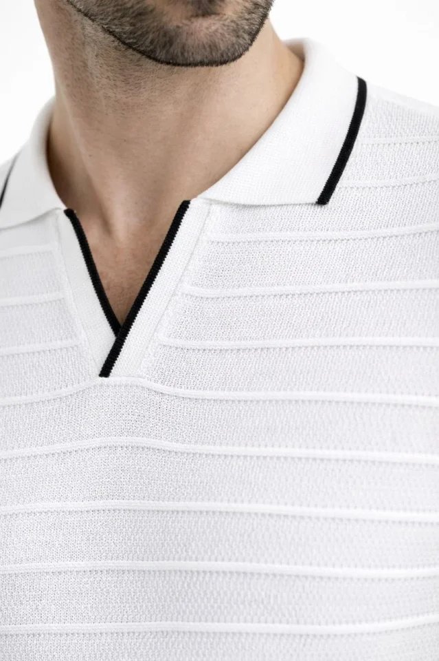 Erkek Triko Kumaş Yakalı Düğmesiz Açık Yaka Fitilli Kısa Kollu Regular Fit Tişört T-shirt