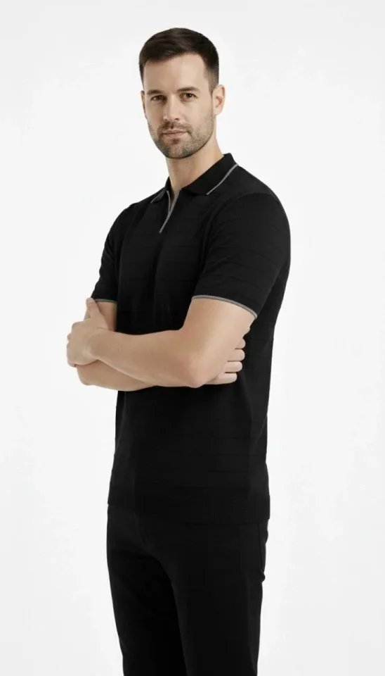 Erkek Triko Kumaş Yakalı Düğmesiz Açık Yaka Fitilli Kısa Kollu Regular Fit Tişört T-shirt