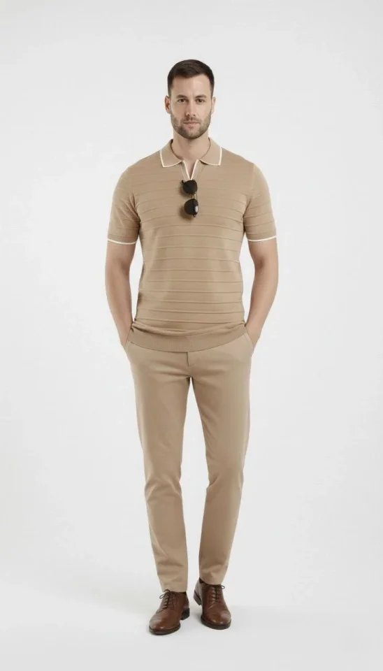 Erkek Triko Kumaş Yakalı Düğmesiz Açık Yaka Fitilli Kısa Kollu Regular Fit Tişört T-shirt