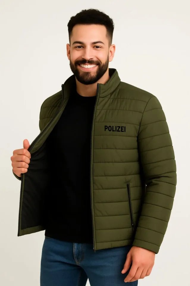 Erkek Mikro Su İtici Kapitone Baskılı Astarlı Fermuarlı Bomber Mont - Haki