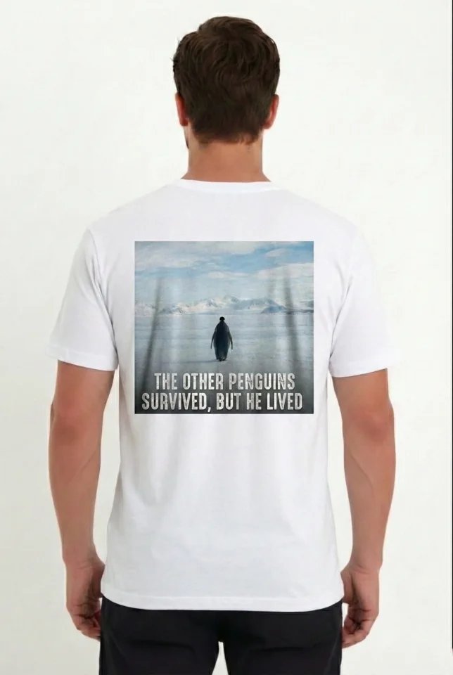 Erkek Oversize Tişört - Sırt Baskılı Survivor Penguin Temalı, Felsefi Yazılı Bisiklet Yaka Tişört