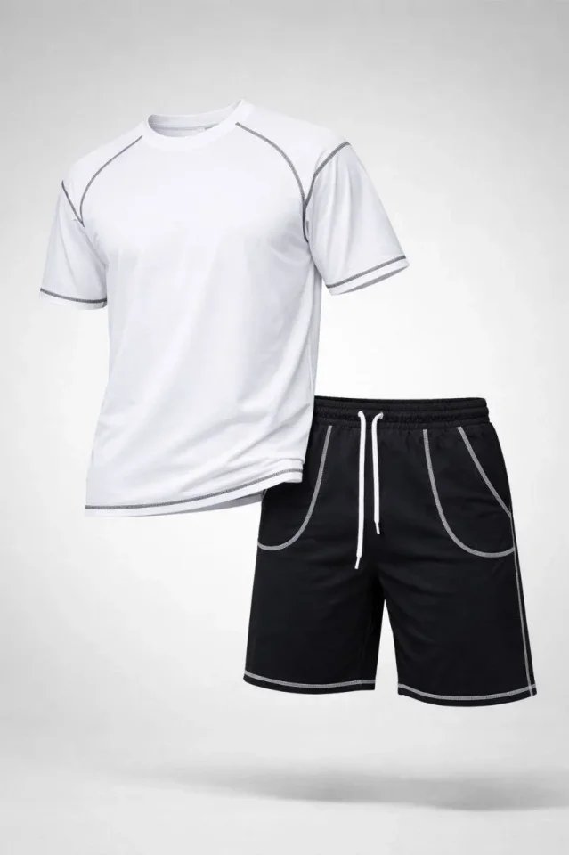 Erkek Spor Tişört Şort Takım Kontrast Dikiş Detaylı Ovarsize Rahat Kalıp