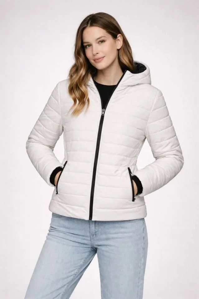 Şişme Kapüşonlu Fermuarlı Mont Su Itici Kapitone Astarlı Kumaş Cepli Kışlık Rahat Kalıp