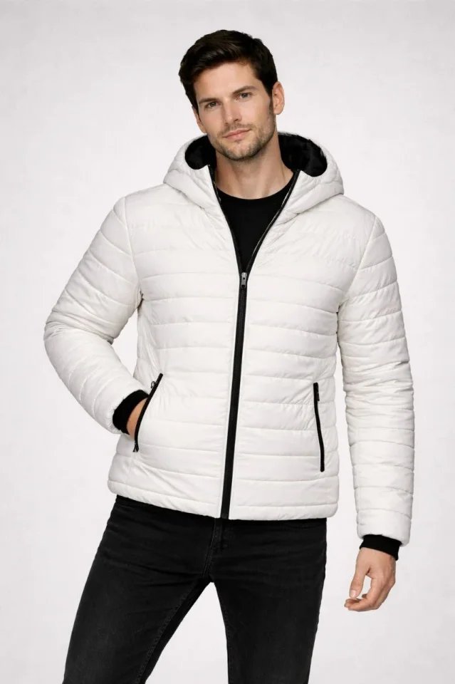 Erkek Şişme Kapüşonlu Fermuarlı Mont Su Itici Kapitone Astarlı Kumaş Cepli Kışlık Rahat Kalıp