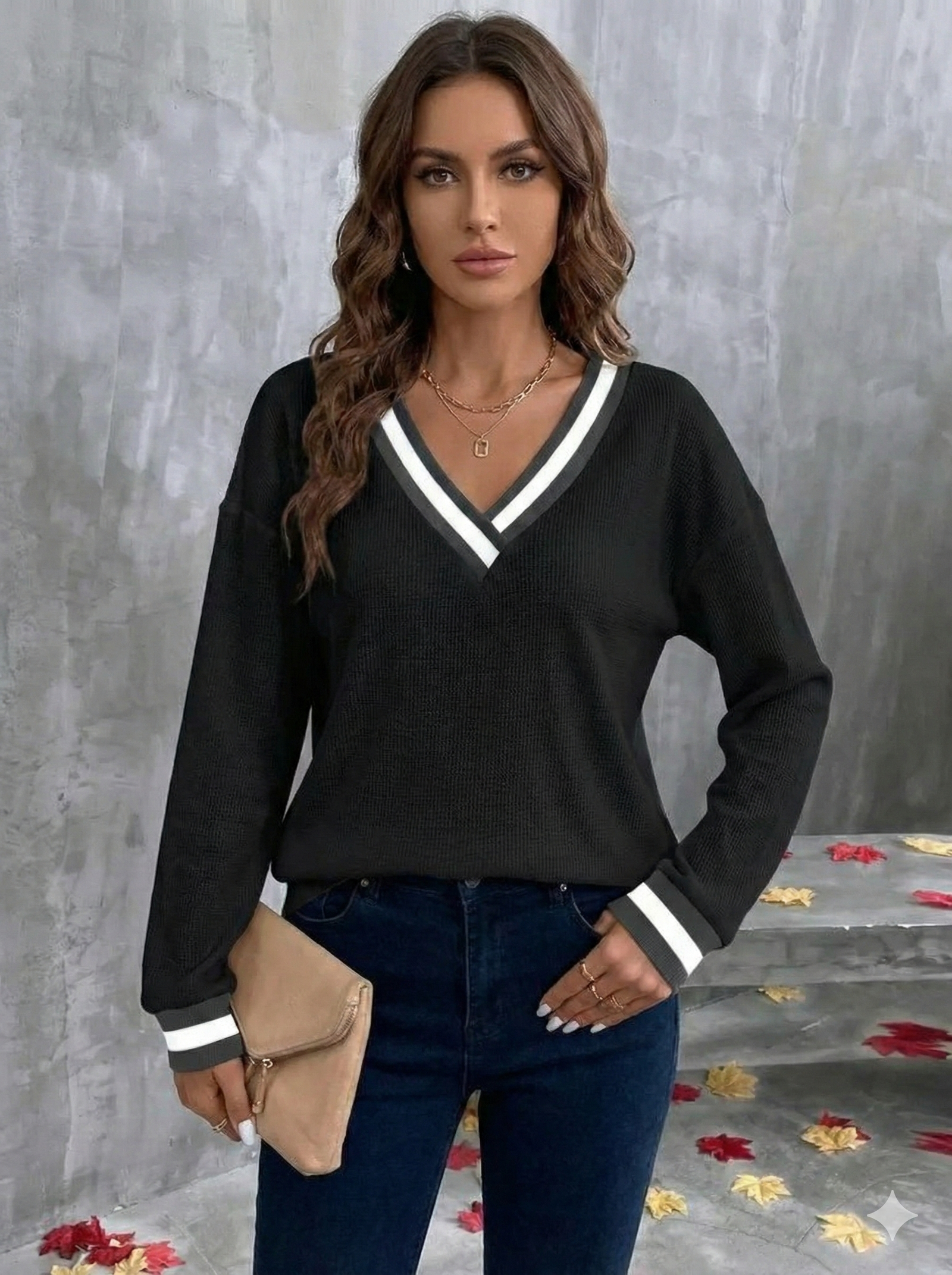 Kadın Uzun Kollu V Yakalı Waffle Bluz